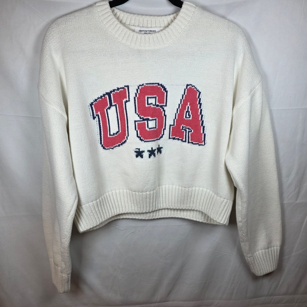 Grayson Threads USA Graphic Knit Cropped Sweater White Large Patriotic Crew Neck